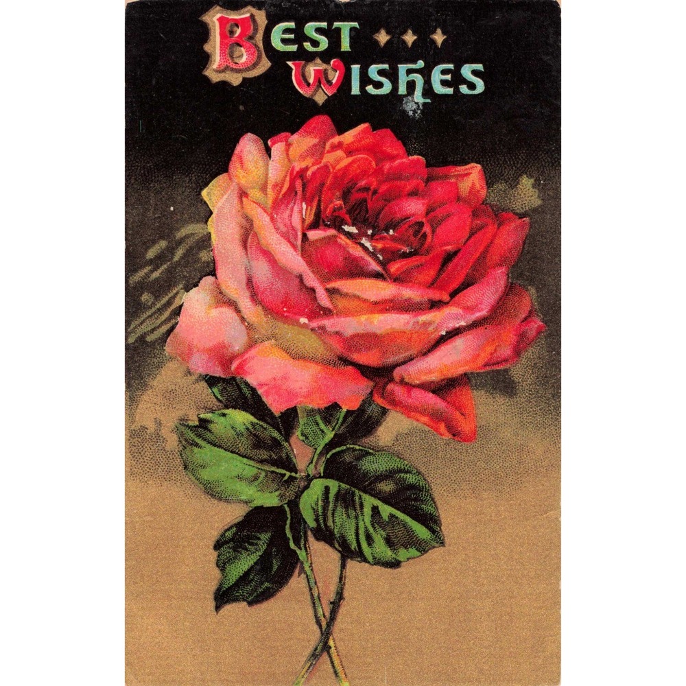 Vintage 1912 Best Wishes Postcard Red Rose Embossed Kinmundy IL Postmark 604/8 - Picture 1 of 2